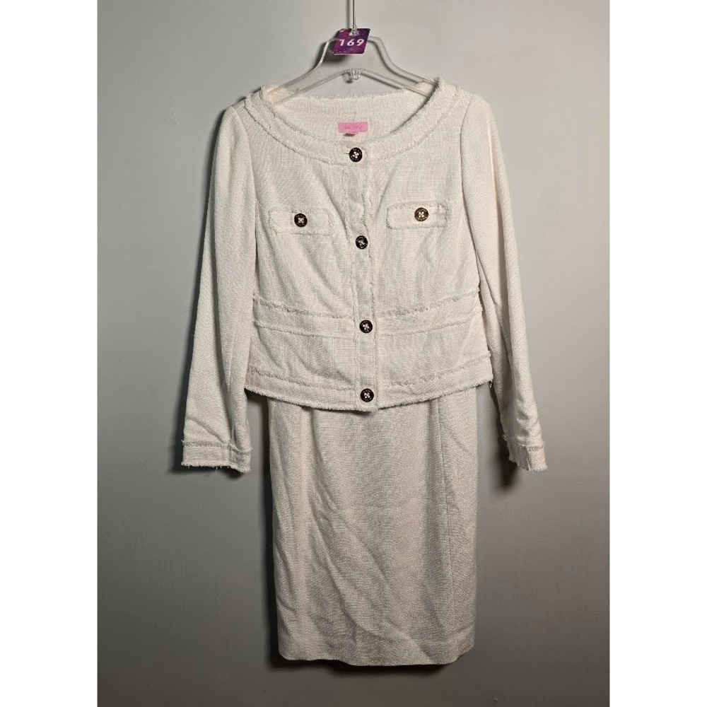 Lilly Pulitzer Womens Skirt Suit White Tweed Fringed Jacket Sheath Dress Size 6